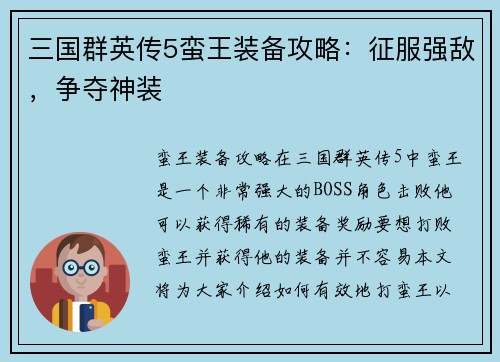 三国群英传5蛮王装备攻略：征服强敌，争夺神装